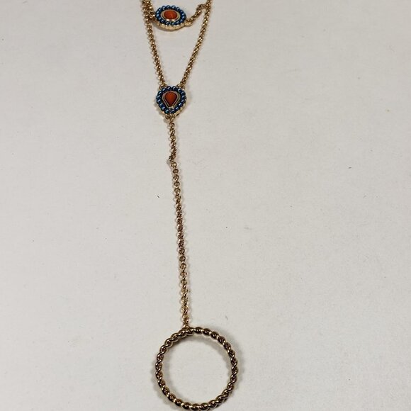 Women's Stylish Gold tone Hand Chain with 5 rings & Blue-Orange Stones - Picture 4 of 7
